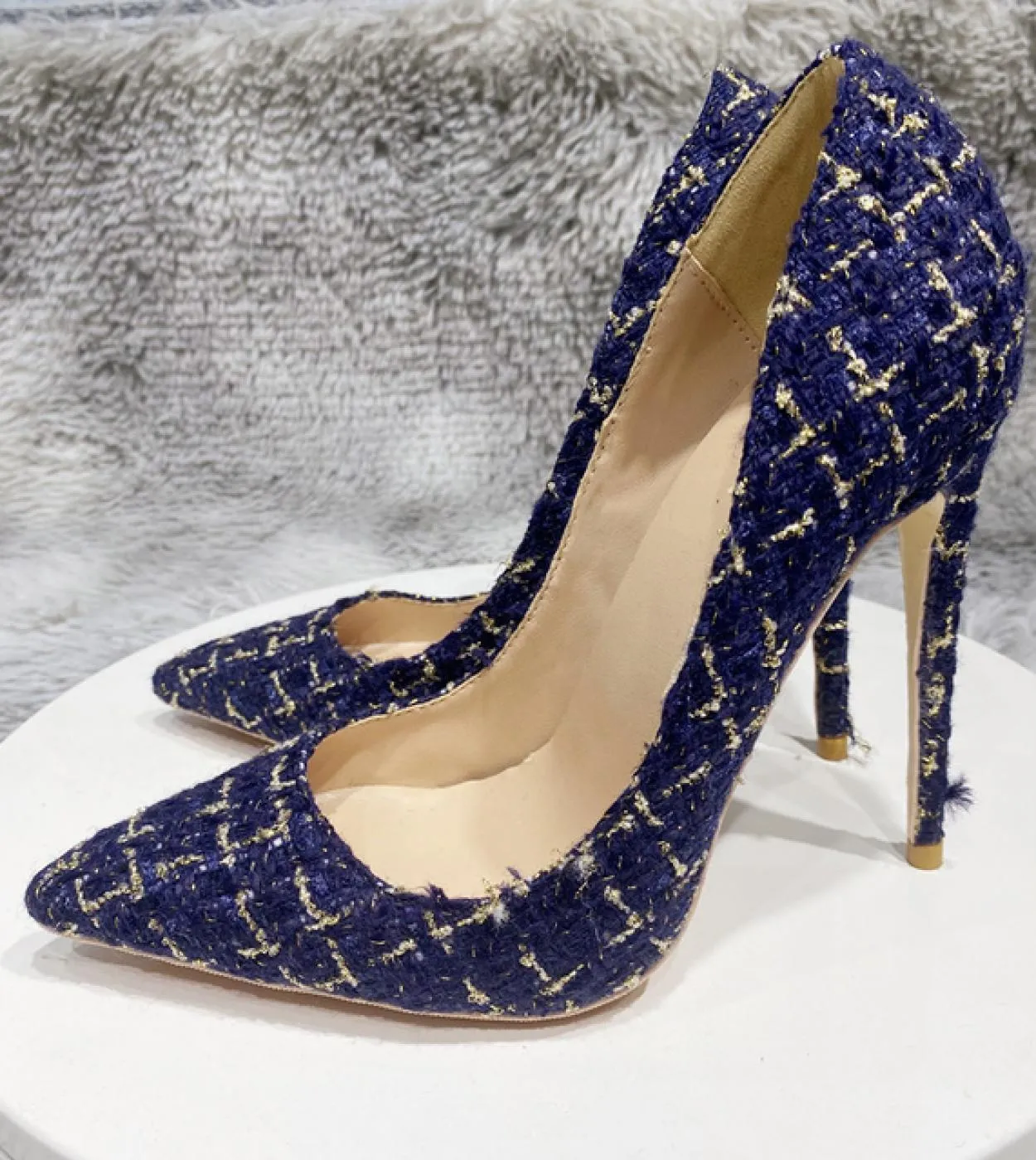 Tikicup Motivo a quadri blu navy Tessuto invecchiato da donna Scarpe a punta con tacco alto Eleganti décolleté a spillo da donna